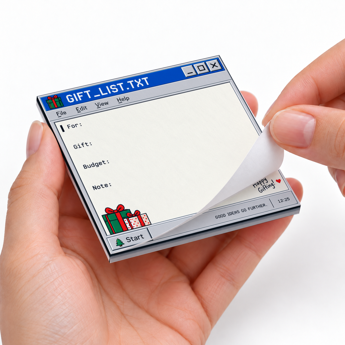 Hands peel a sheet from a retro computer gift list sticky note pad with gift, budget, and note fields.