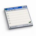 Retro Holiday Tasks sticky note pad with five checklist lines, computer-window graphics, Christmas trees, and holly.
