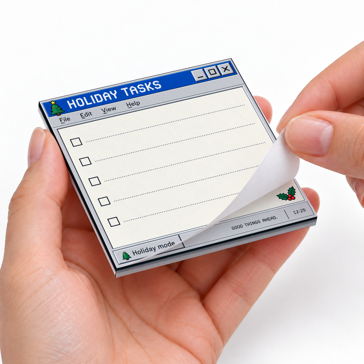 Hands peel a sheet from the Retro Holiday Tasks sticky note pad with a computer-window checklist design.