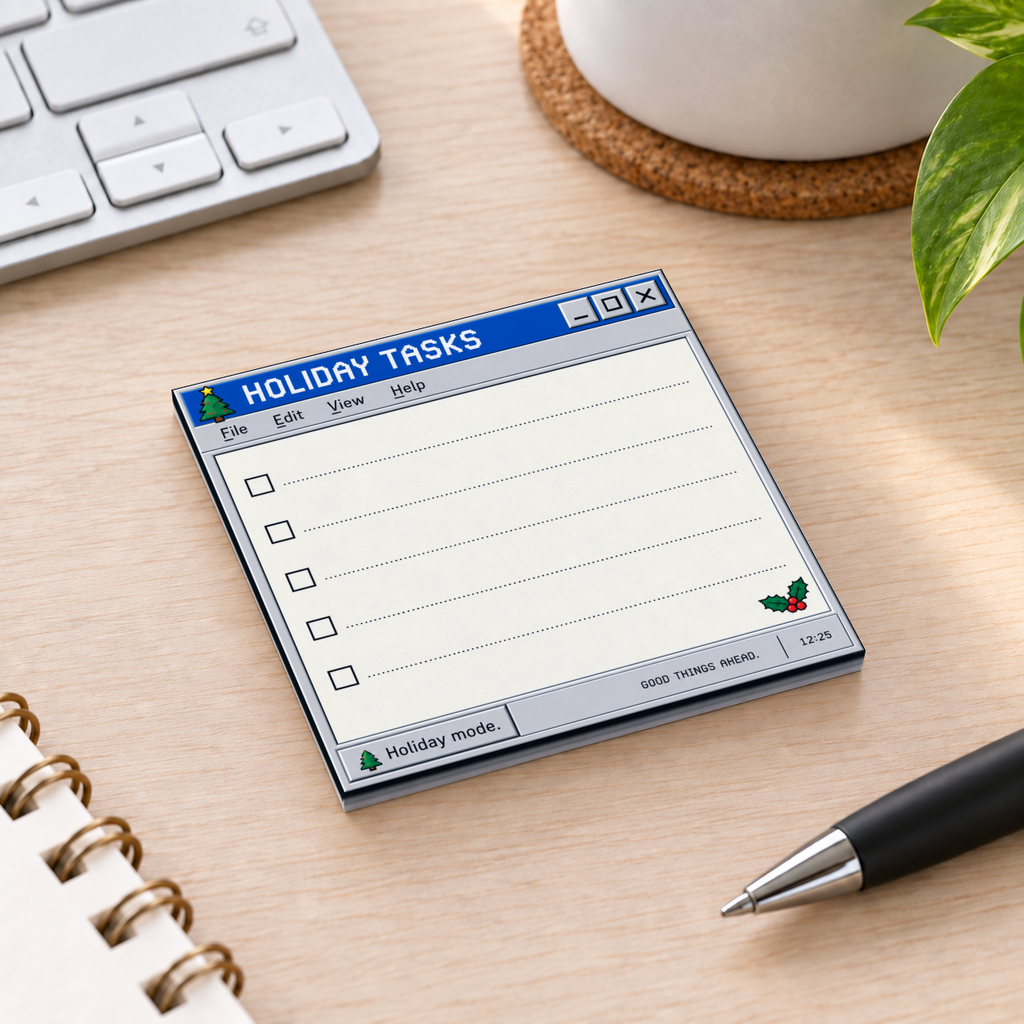 Retro Holiday Tasks checklist sticky note pad on a wood desk beside a keyboard, pen, notebook, and plant.