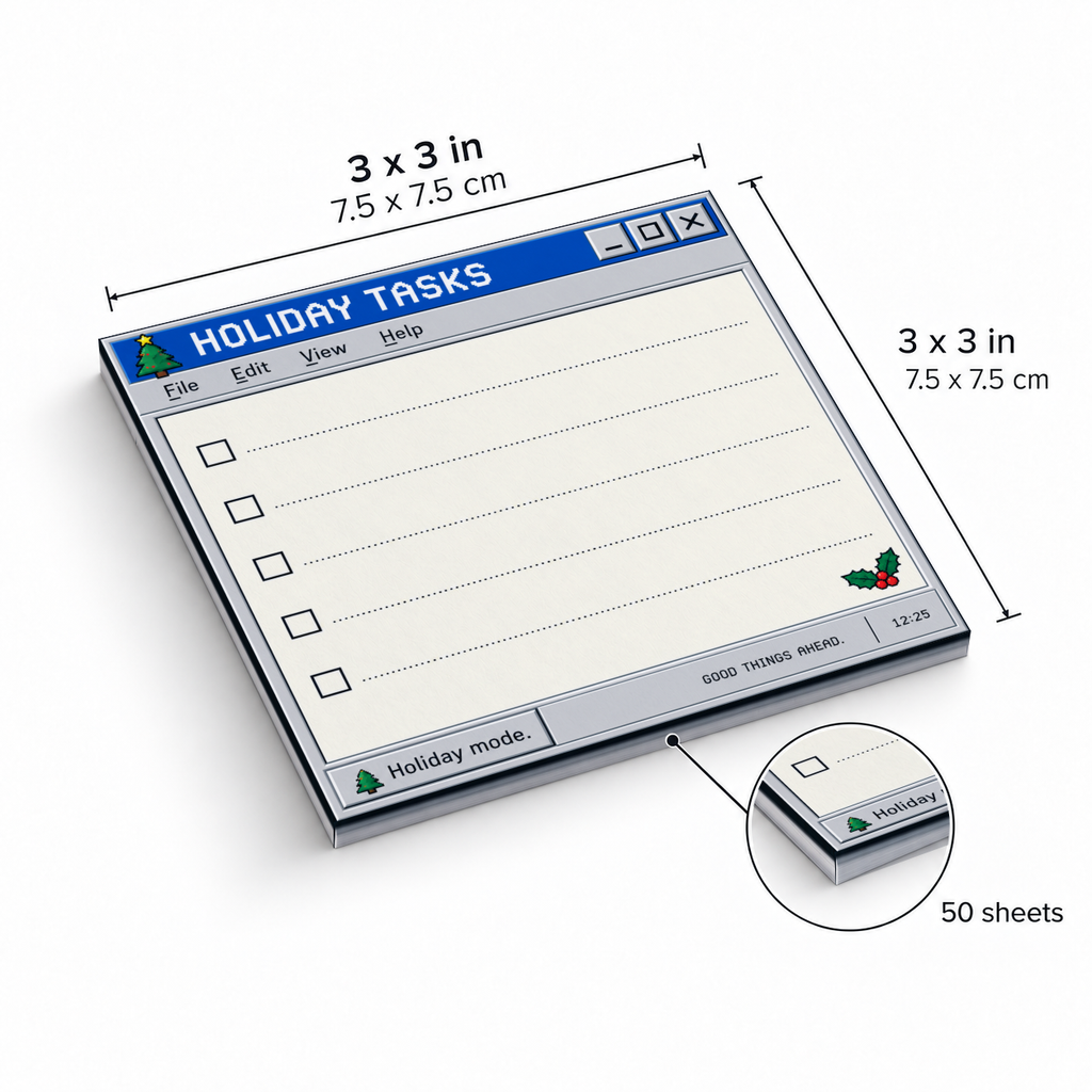 Retro Holiday Tasks checklist sticky note pad, 3 x 3 inches (7.5 x 7.5 cm), with 50 sheets.