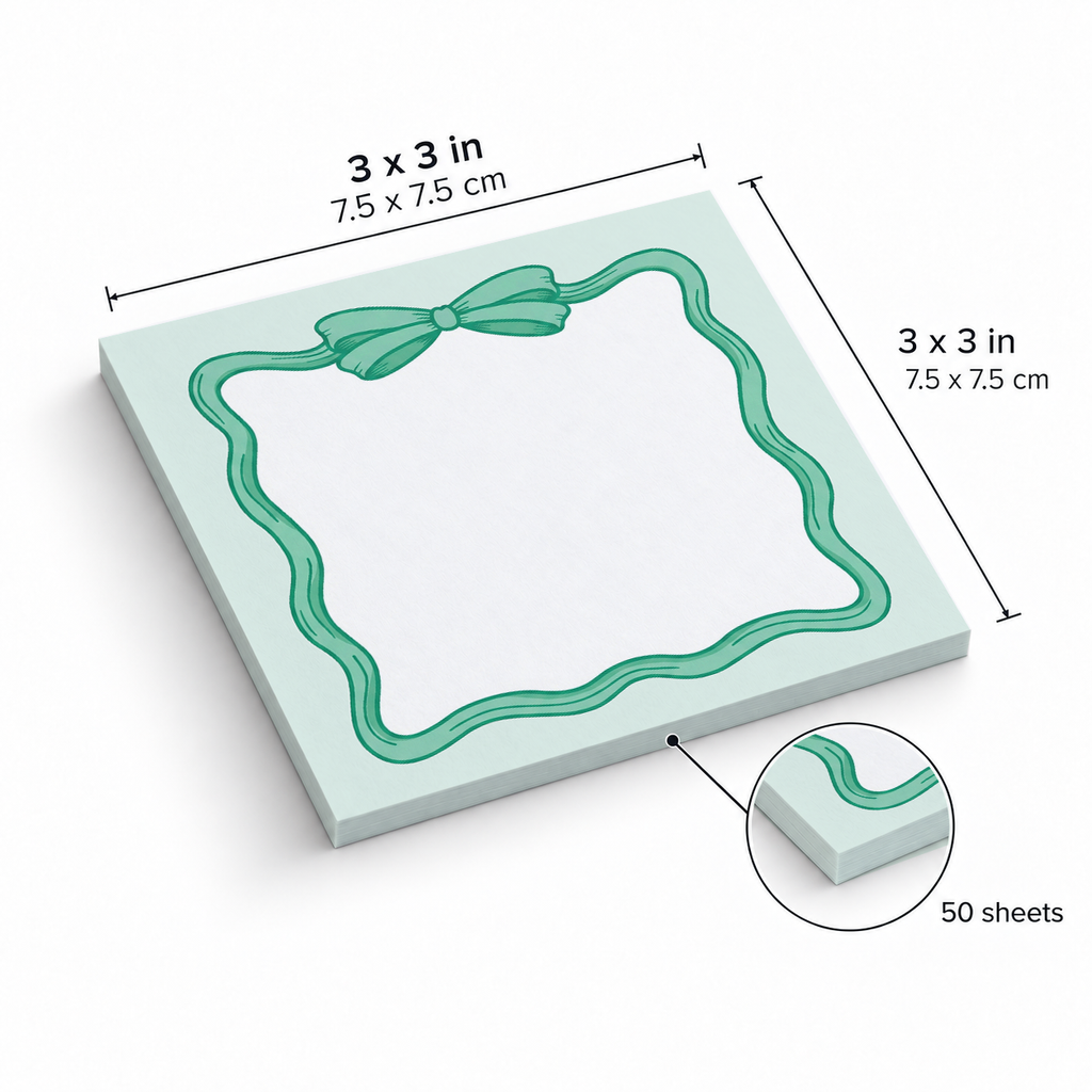 Mint Green Coquette Bow sticky notes, 3x3 in (7.5 x 7.5 cm), 50 sheets