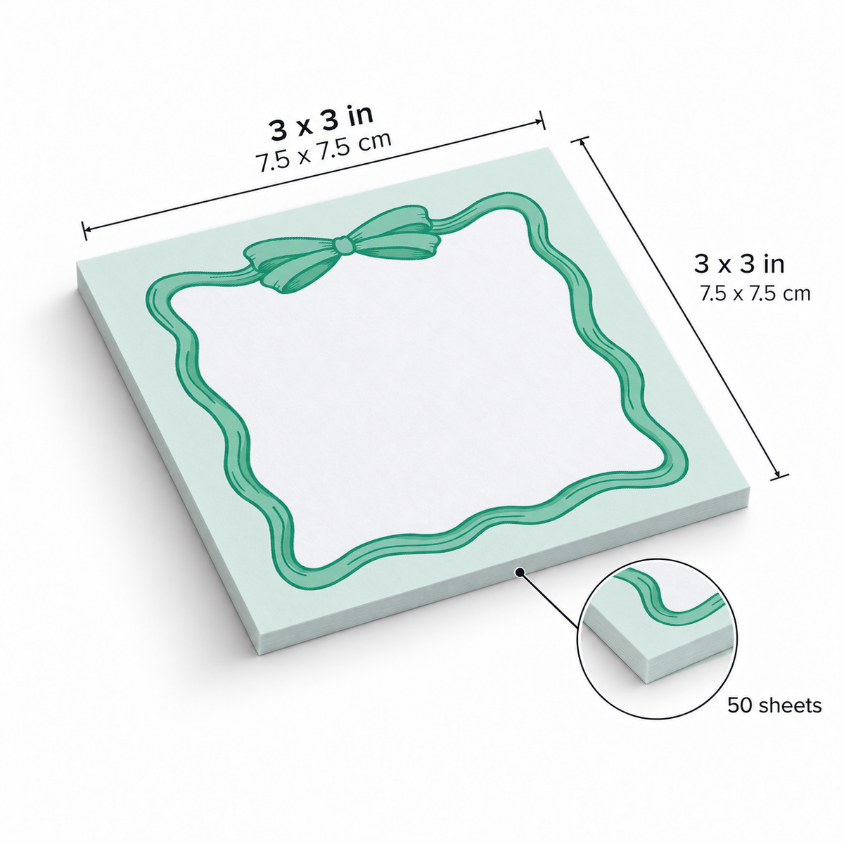 Mint Green Coquette Bow sticky notes, 3x3 in (7.5 x 7.5 cm), 50 sheets