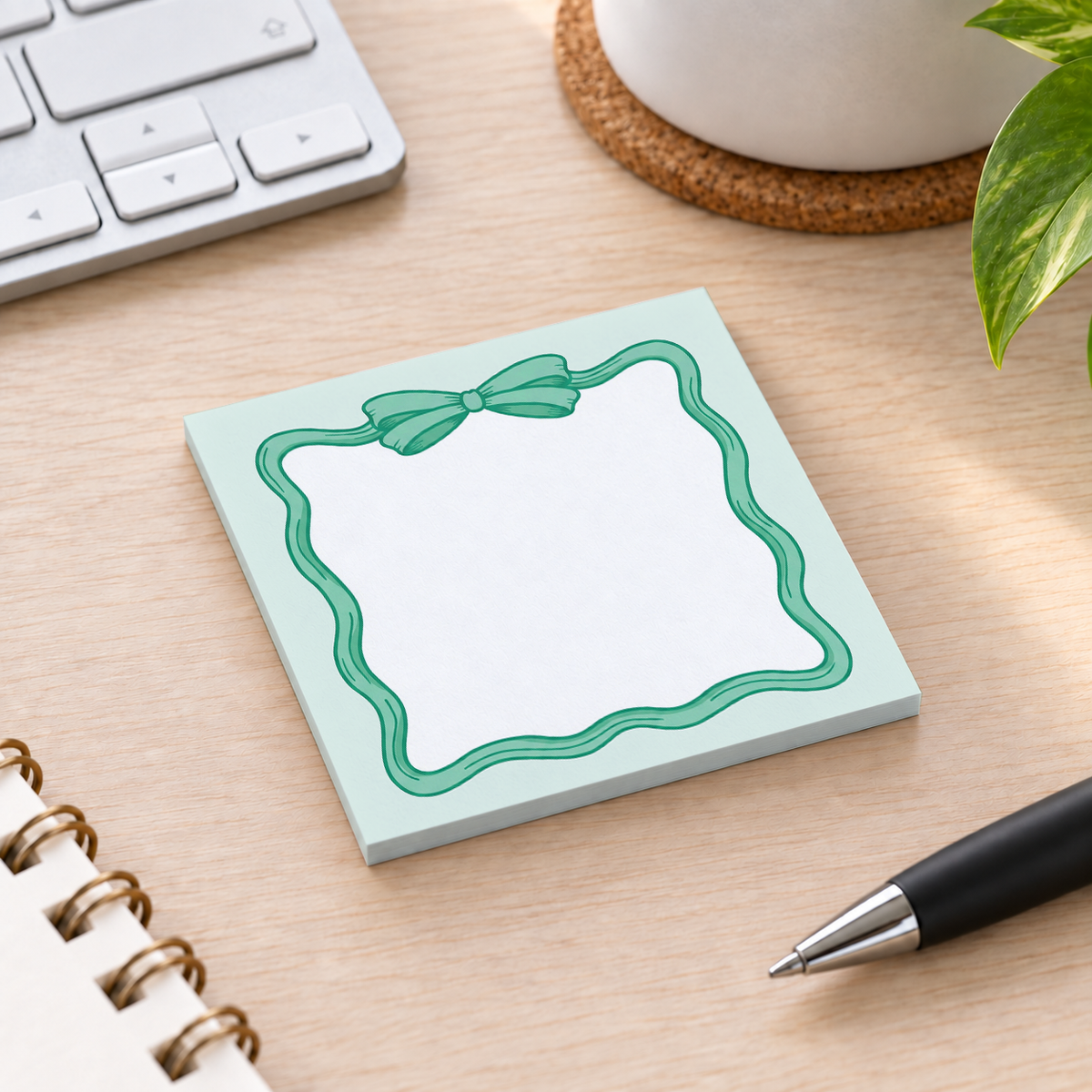 Close-up of Mint Green Coquette Bow sticky note design and writable area