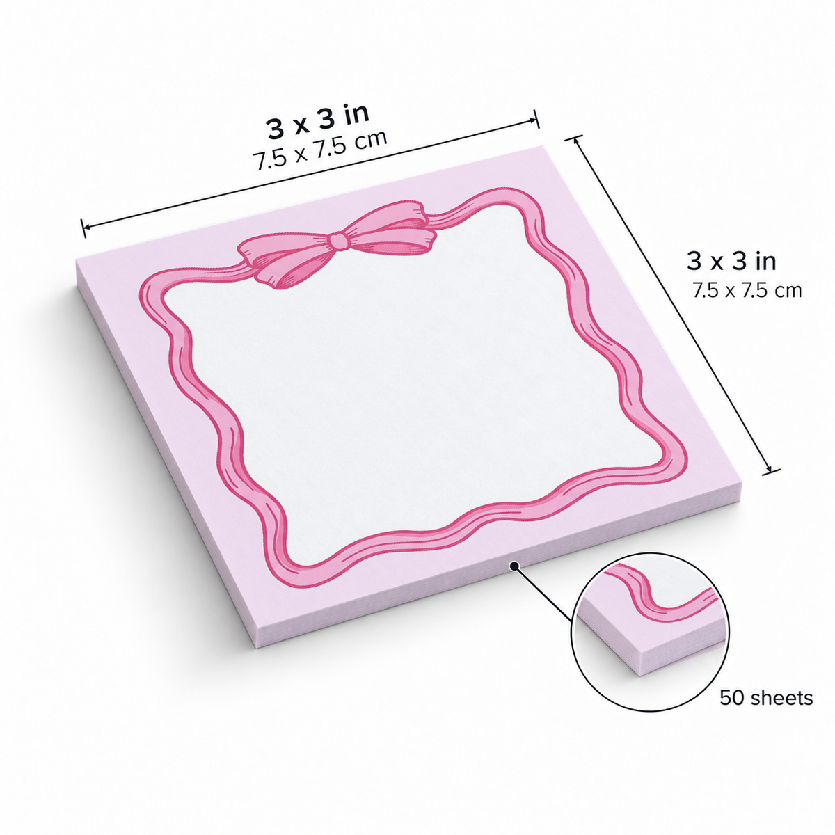 Pastel Pink Ribbon Bow sticky notes, 3x3 in (7.5 x 7.5 cm), 50 sheets