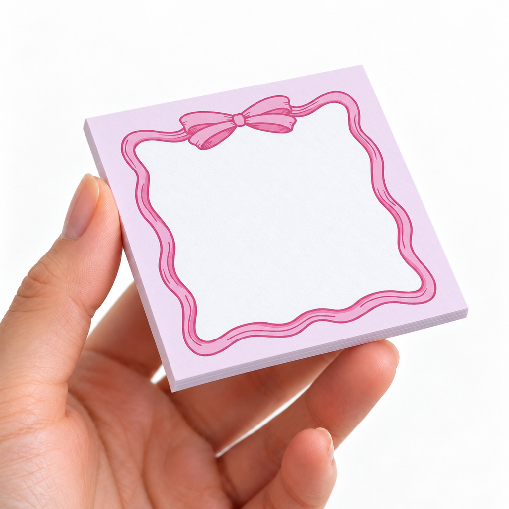 Pastel Pink Ribbon Bow sticky note pad on a desk with stationery
