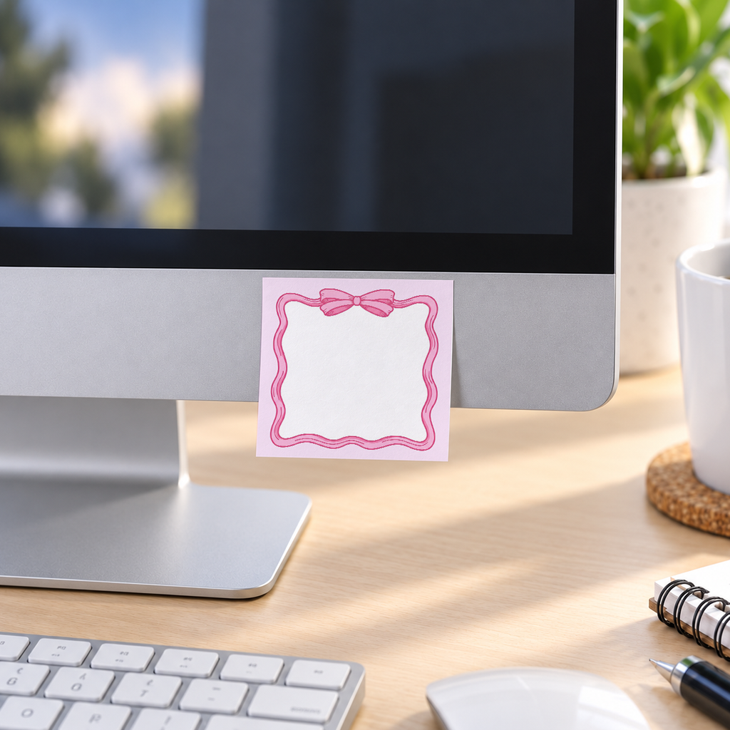 Pastel Pink Ribbon Bow memo pad in an office or home workspace
