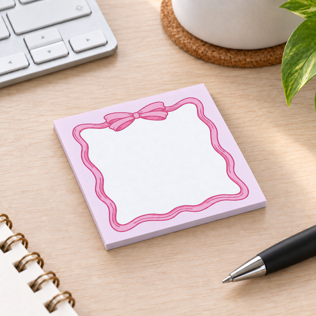 Close-up of Pastel Pink Ribbon Bow sticky note design and writable area