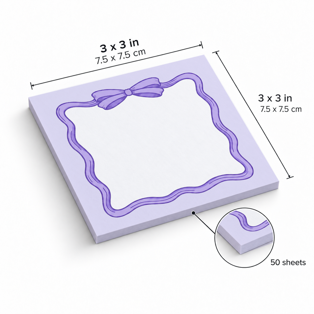 Lavender Coquette Bow sticky notes, 3x3 in (7.5 x 7.5 cm), 50 sheets