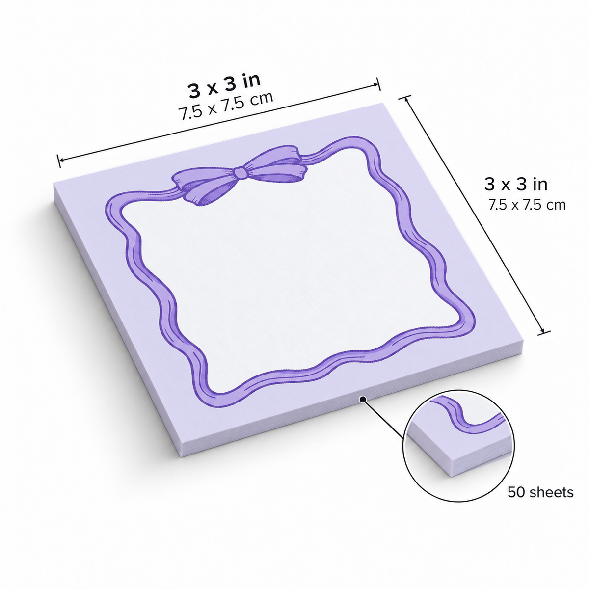 Lavender Coquette Bow sticky notes, 3x3 in (7.5 x 7.5 cm), 50 sheets