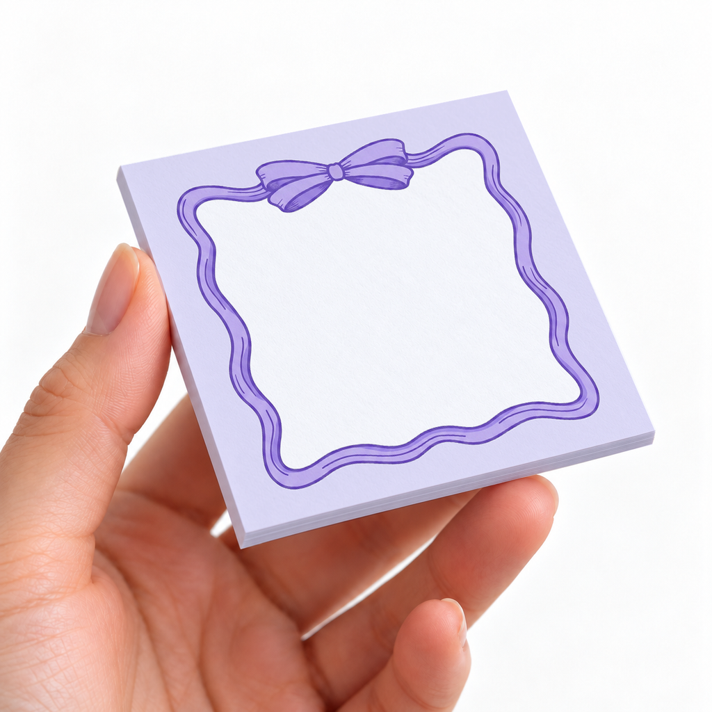 Lavender Coquette Bow sticky note pad on a desk with stationery