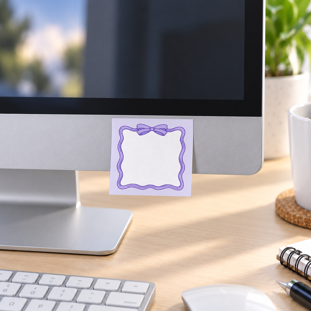 Lavender Coquette Bow memo pad in an office or home workspace