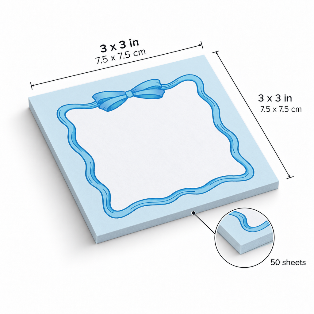 Light Blue Ribbon Bow sticky notes, 3x3 in (7.5 x 7.5 cm), 50 sheets