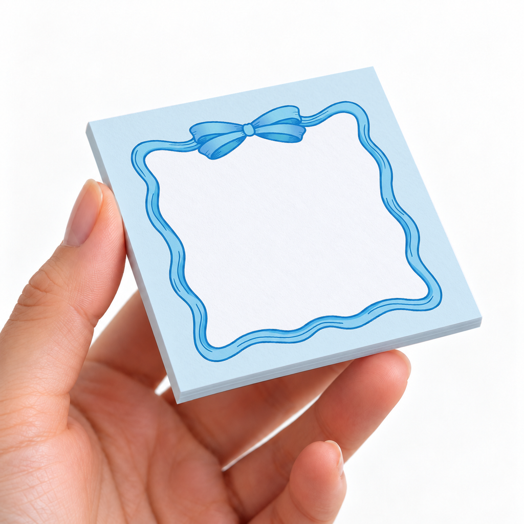 Light Blue Ribbon Bow sticky note pad on a desk with stationery