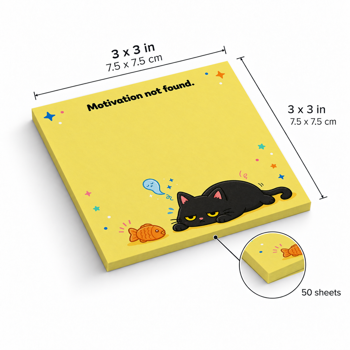 Motivation Not Found Cat sticky notes, 3x3 in (7.5 x 7.5 cm), 50 sheets