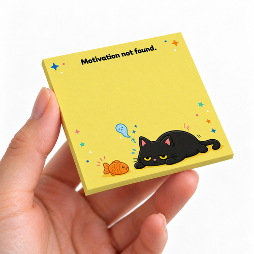 Motivation Not Found Cat sticky note pad on a desk with stationery
