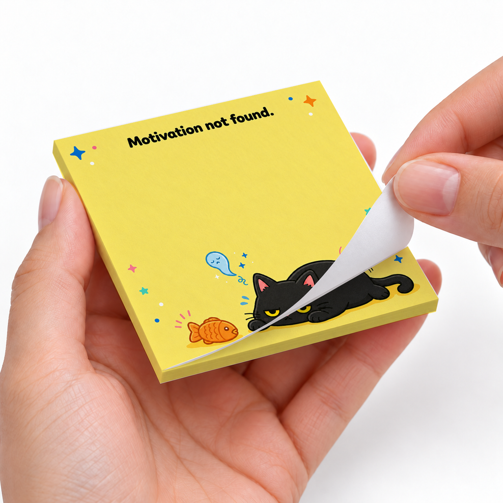 Motivation Not Found Cat sticky notes styled with a planner and desk accessories