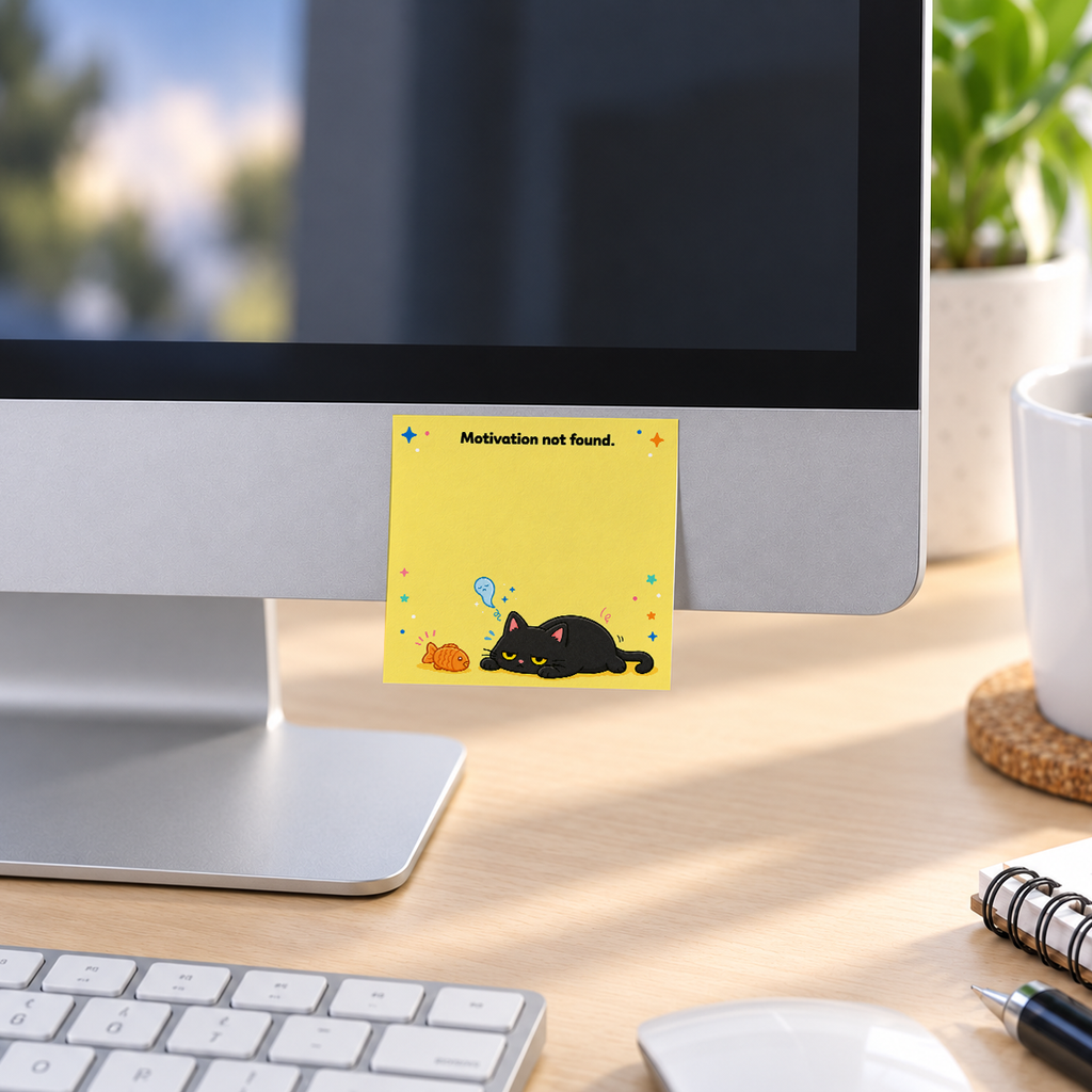 Motivation Not Found Cat memo pad in an office or home workspace