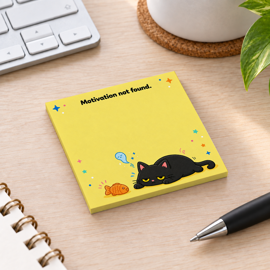 Close-up of Motivation Not Found Cat sticky note design and writable area