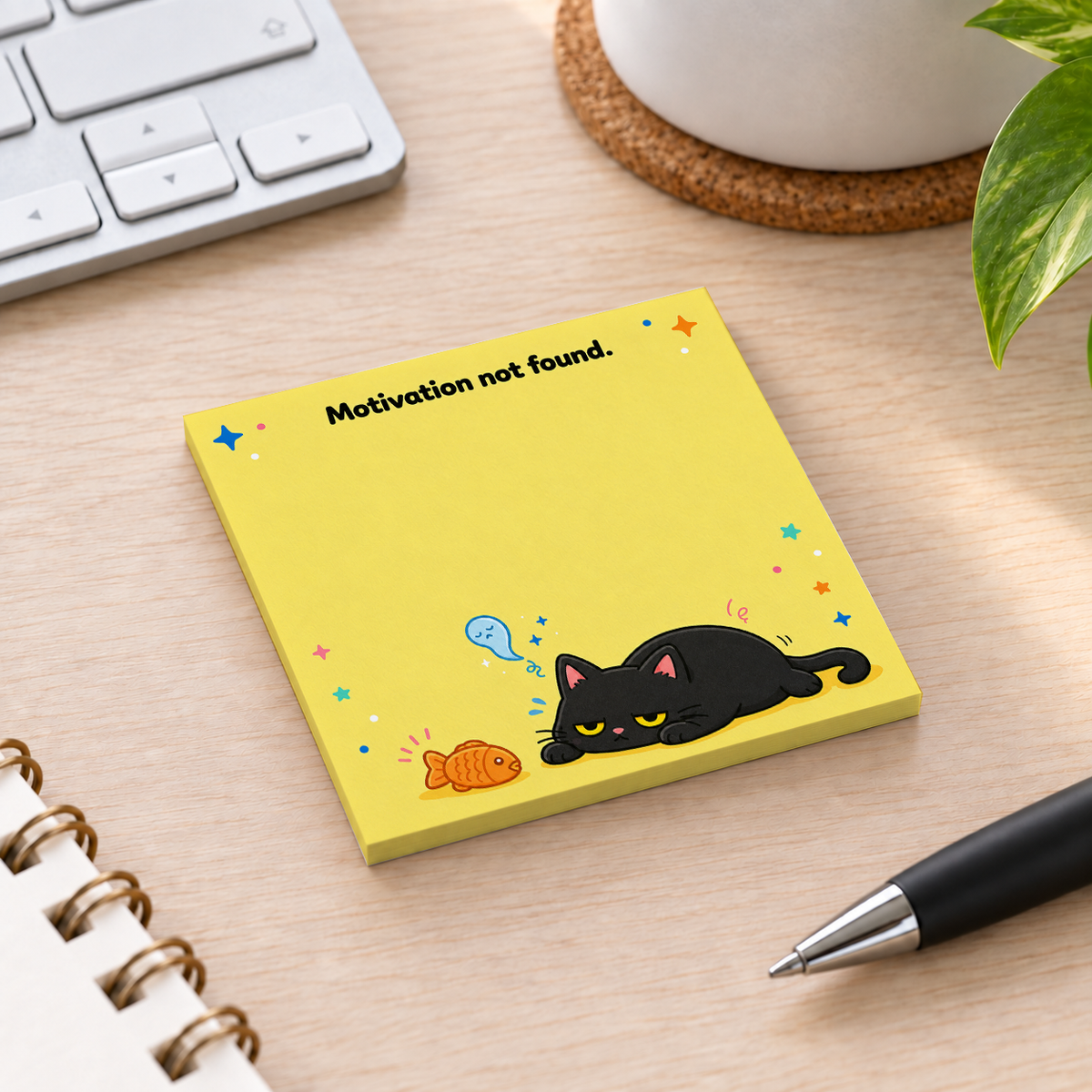 Close-up of Motivation Not Found Cat sticky note design and writable area