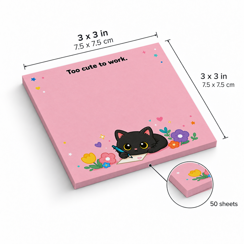 Too Cute to Work Pink Floral Cat sticky notes, 3x3 in (7.5 x 7.5 cm), 50 sheets