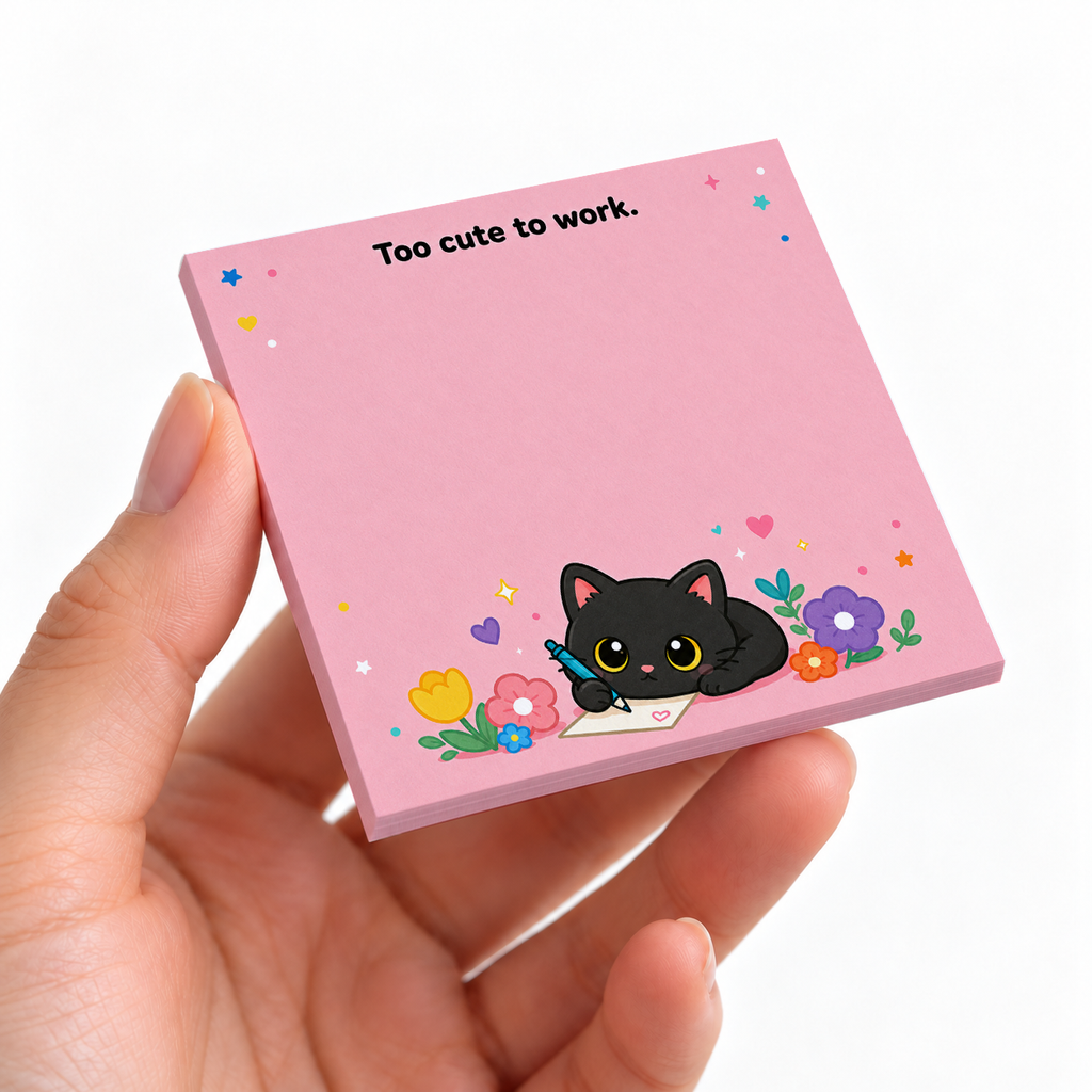 Too Cute to Work Pink Floral Cat sticky note pad on a desk with stationery
