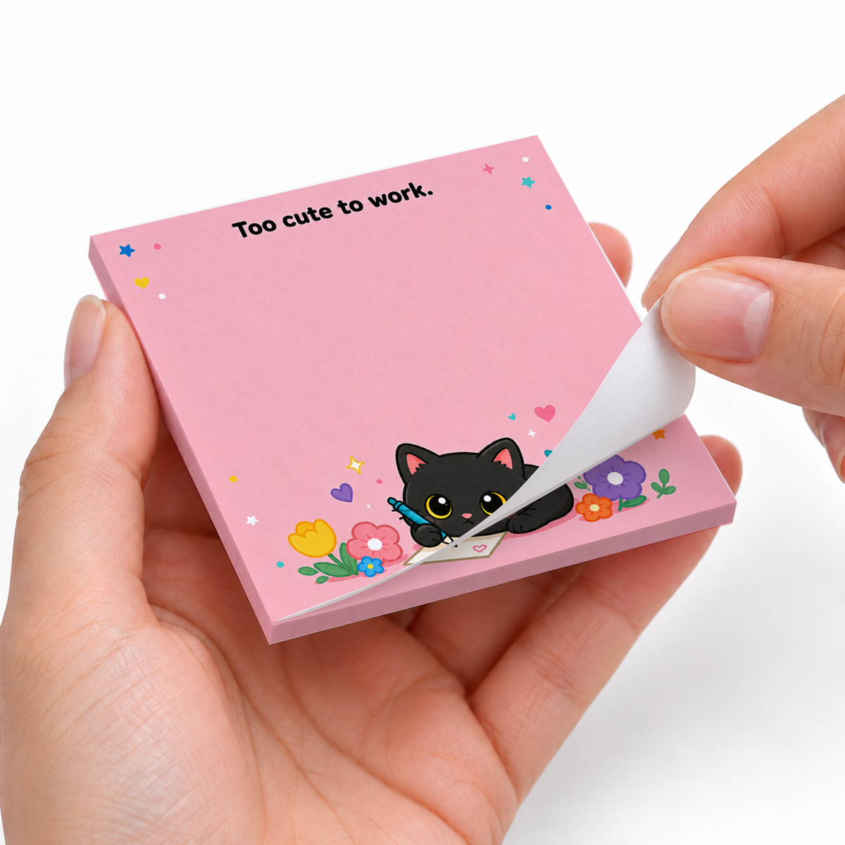 Too Cute to Work Pink Floral Cat sticky notes styled with a planner and desk accessories