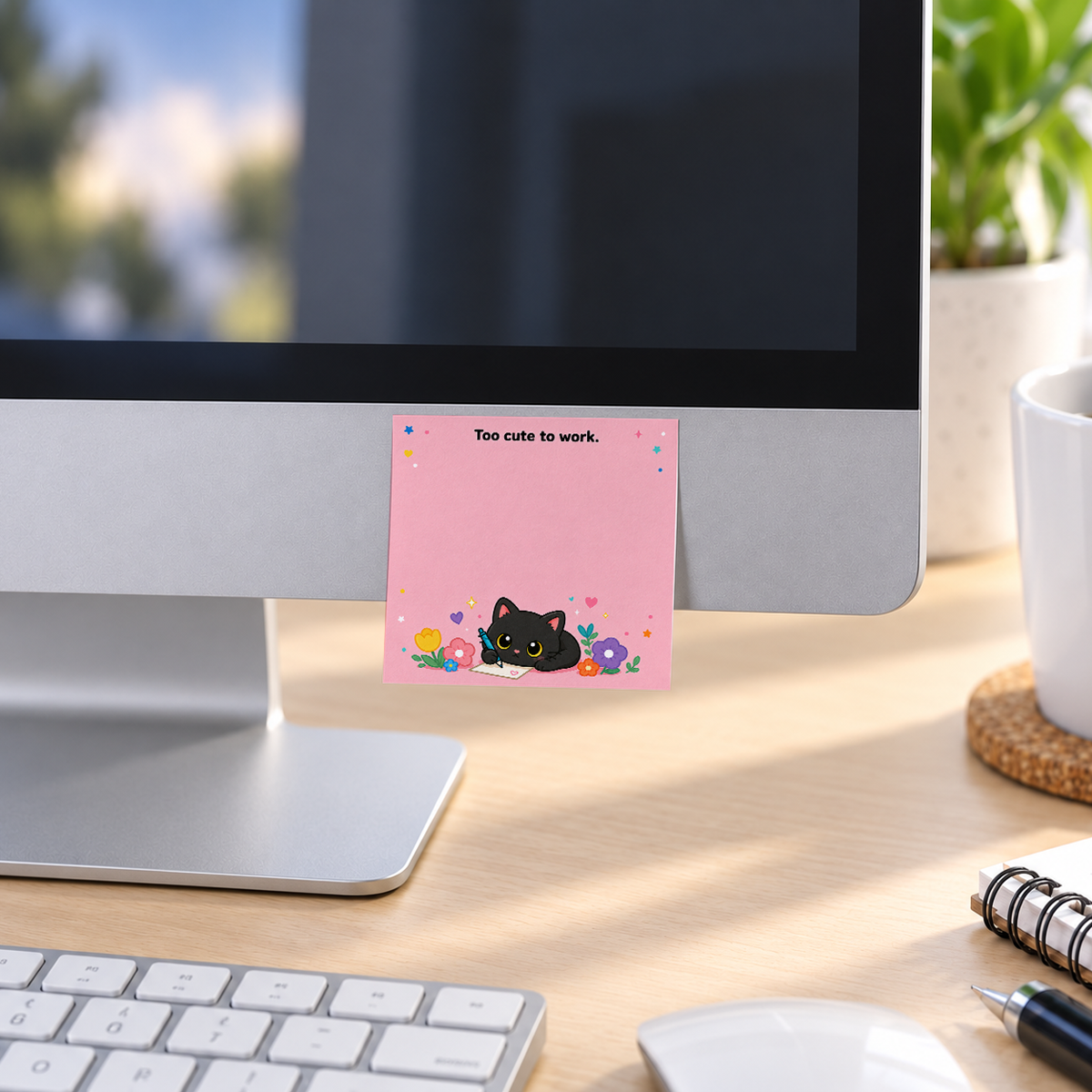 Too Cute to Work Pink Floral Cat memo pad in an office or home workspace