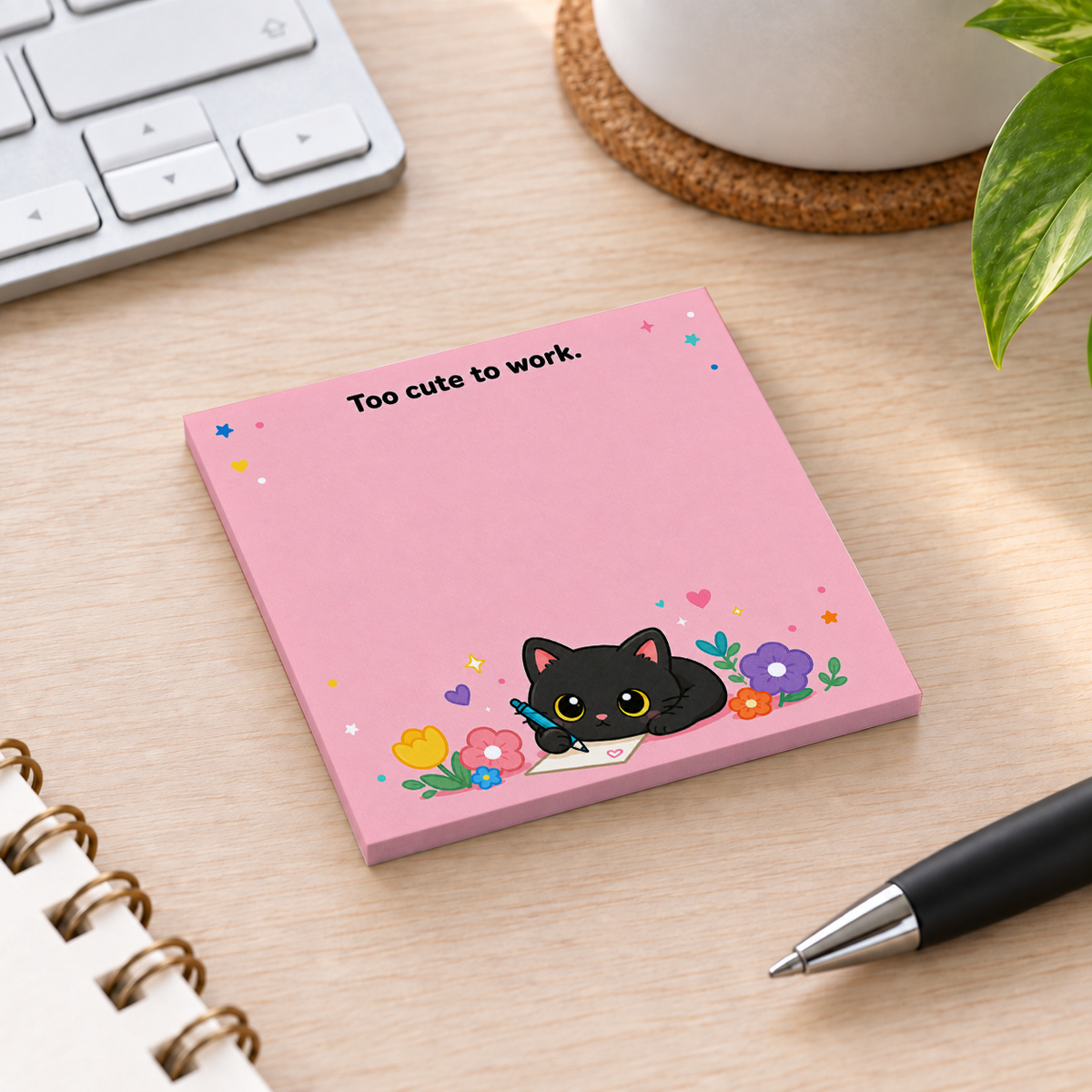 Close-up of Too Cute to Work Pink Floral Cat sticky note design and writable area