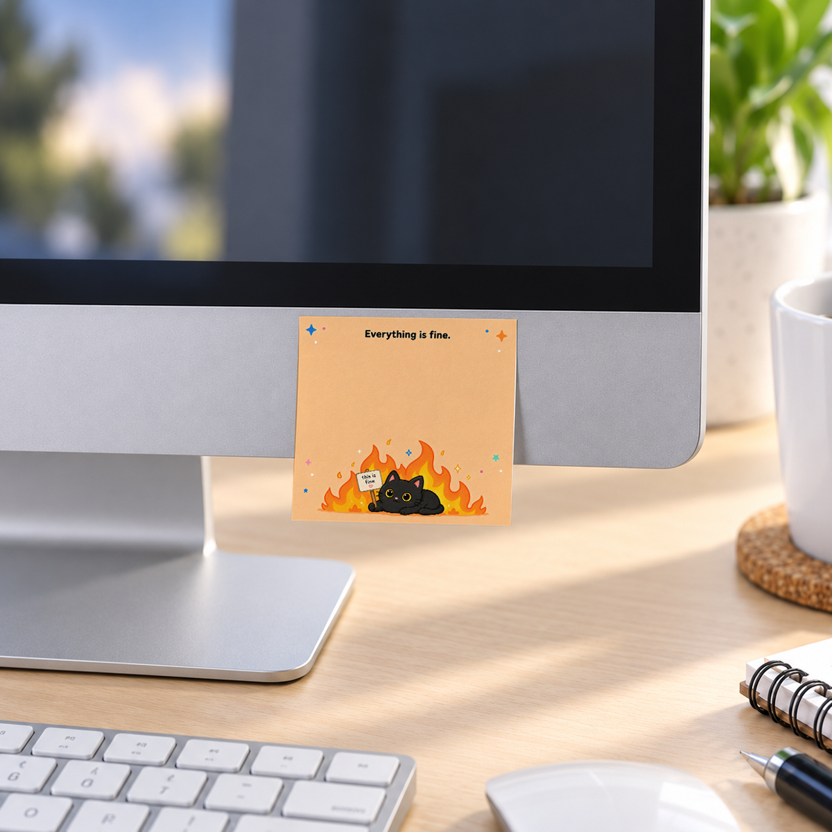 Everything is Fine Cat memo pad in an office or home workspace