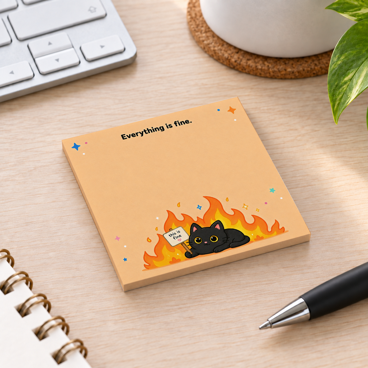 Close-up of Everything is Fine Cat sticky note design and writable area