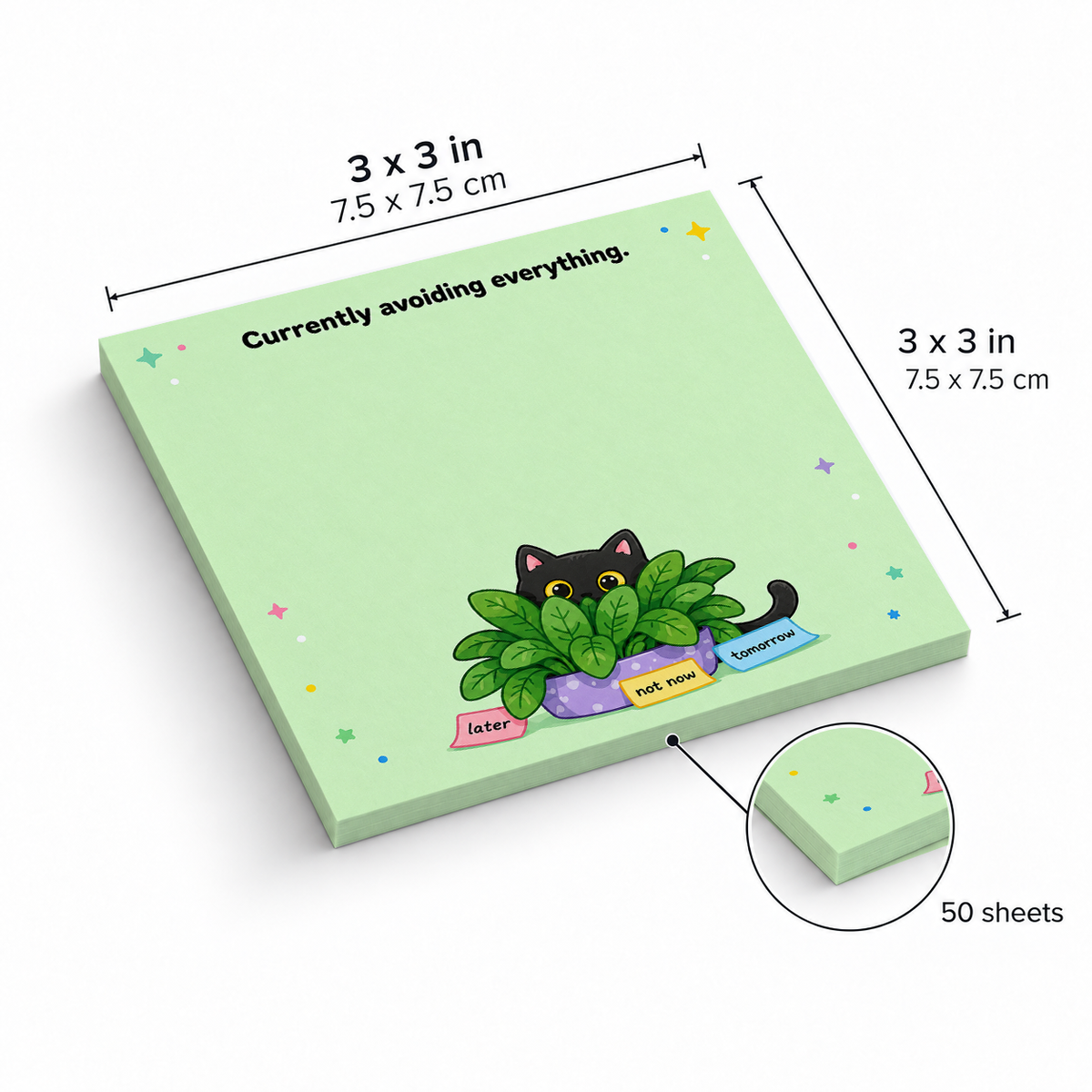 Avoiding Everything Plant Hiding Cat sticky notes, 3x3 in (7.5 x 7.5 cm), 50 sheets