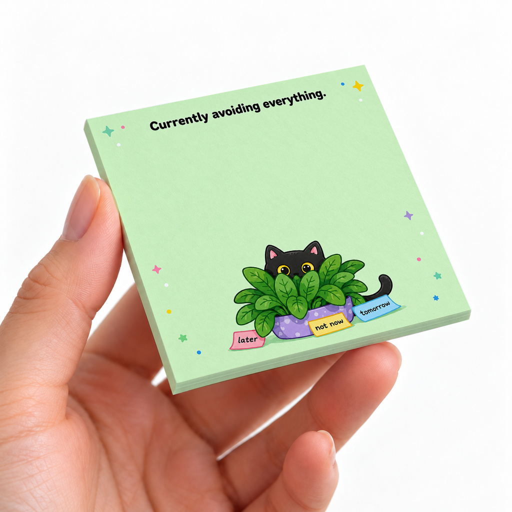 Avoiding Everything Plant Hiding Cat sticky note pad on a desk with stationery