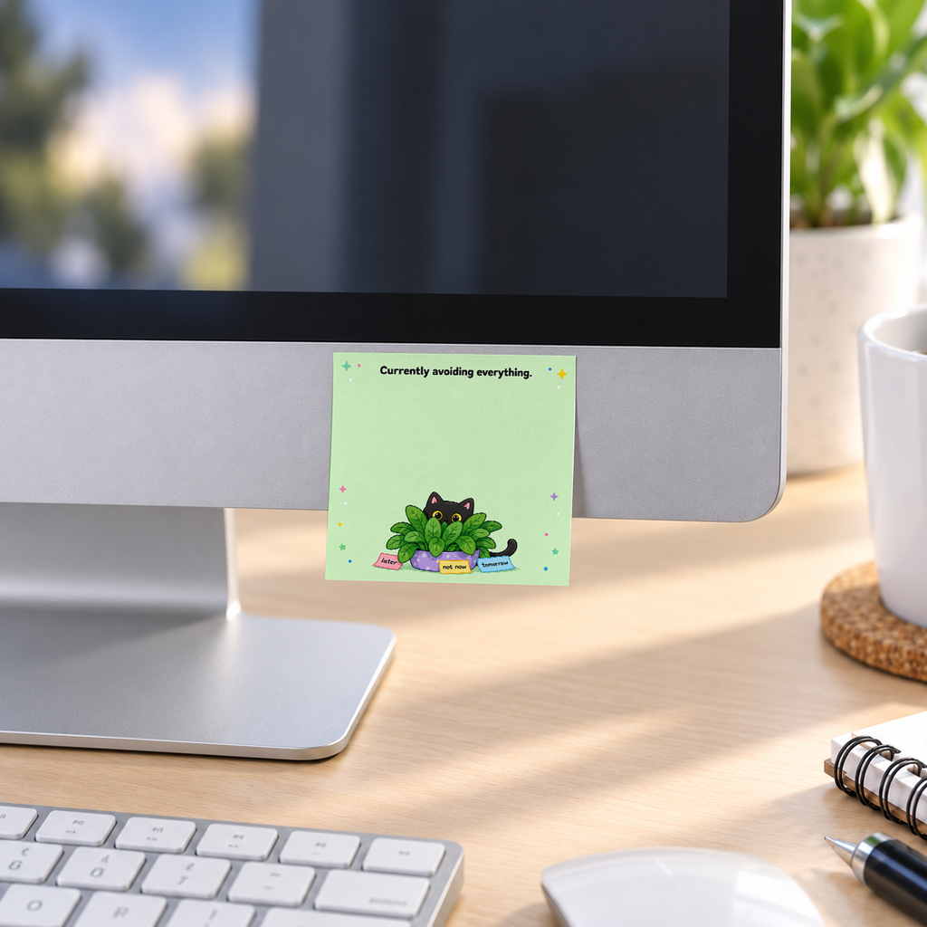Avoiding Everything Plant Hiding Cat memo pad in an office or home workspace