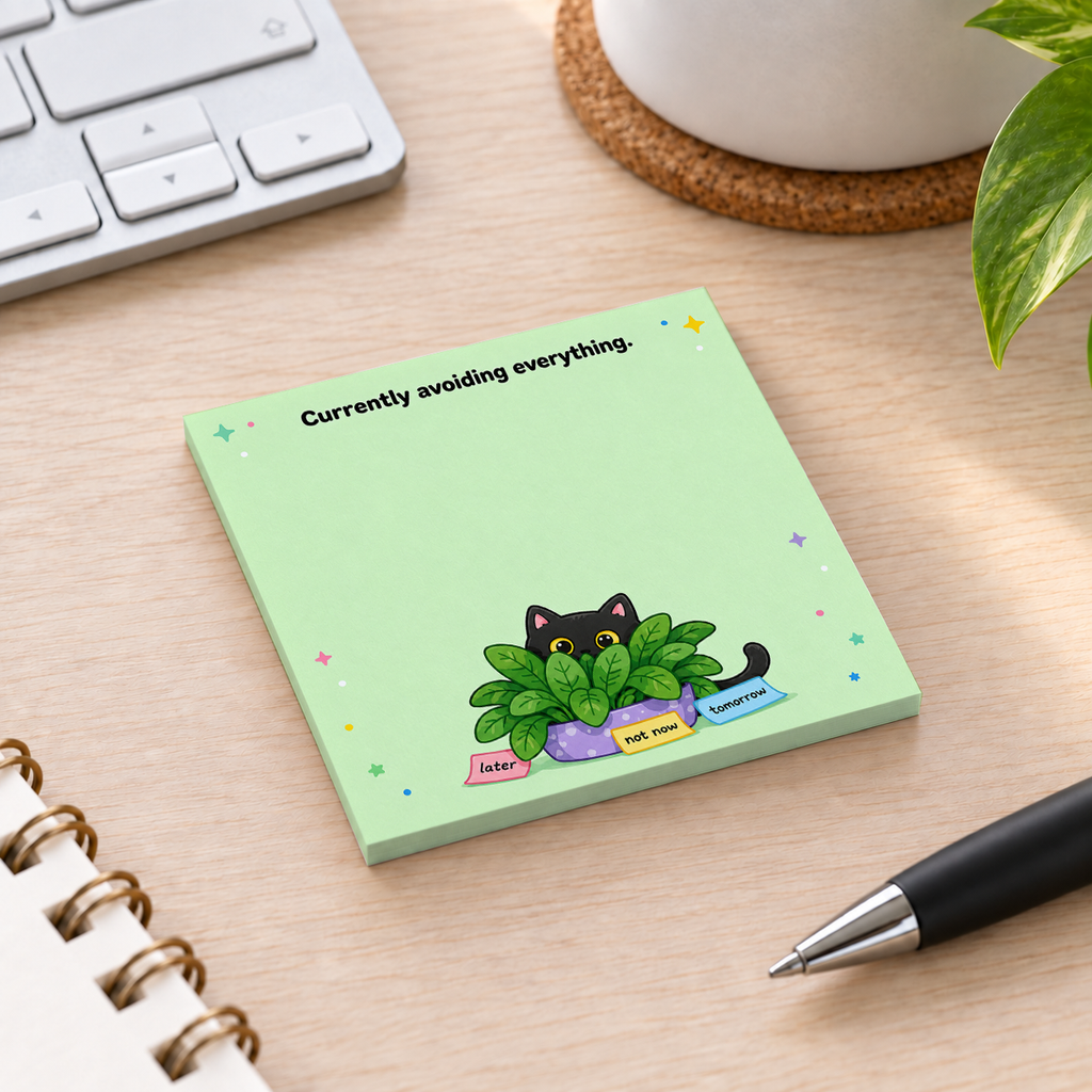 Close-up of Avoiding Everything Plant Hiding Cat sticky note design and writable area