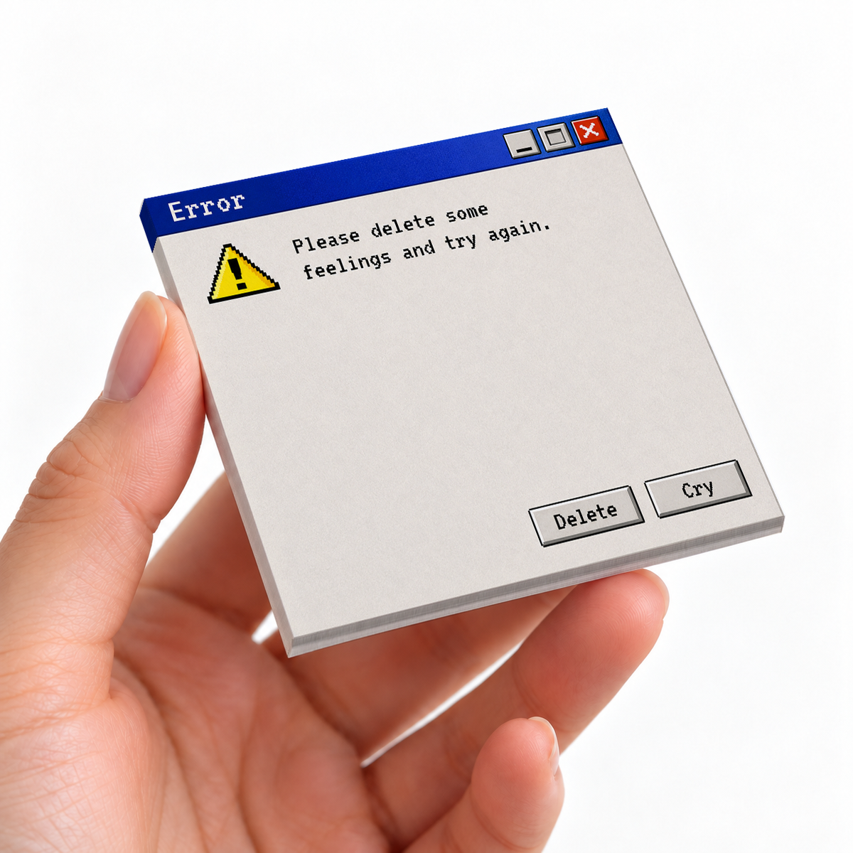 Delete Feelings Retro Error sticky note pad on a desk with stationery