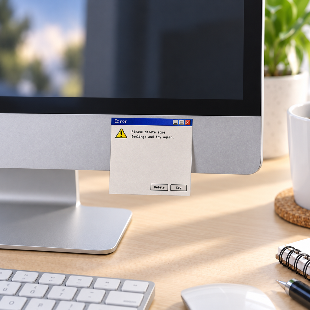 Delete Feelings Retro Error memo pad in an office or home workspace