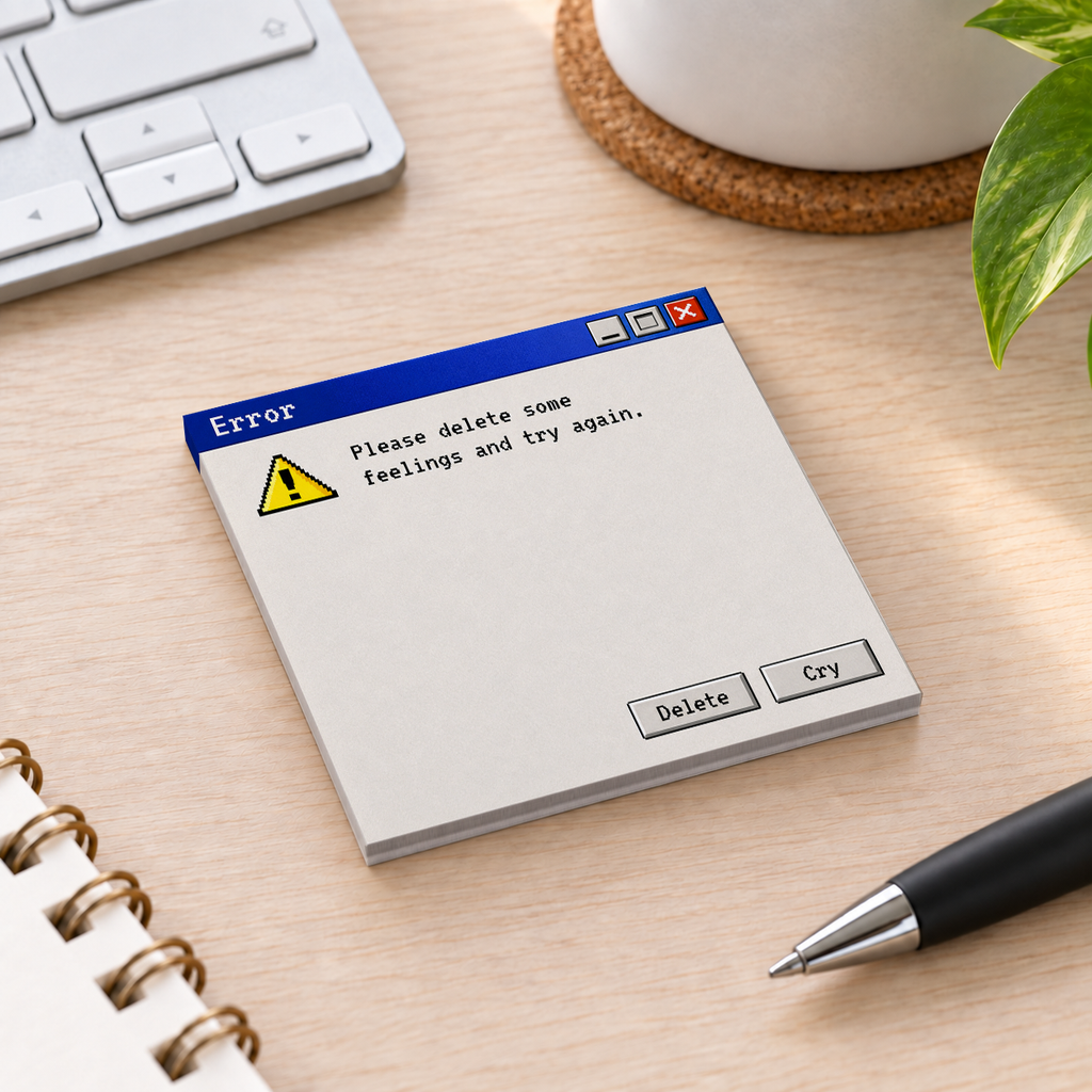 Close-up of Delete Feelings Retro Error sticky note design and writable area
