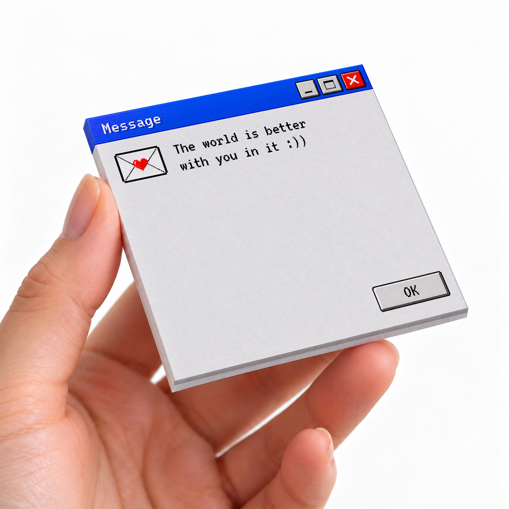 Pixel Heart Message Retro sticky note pad on a desk with stationery