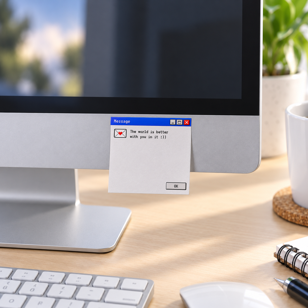 Pixel Heart Message Retro memo pad in an office or home workspace