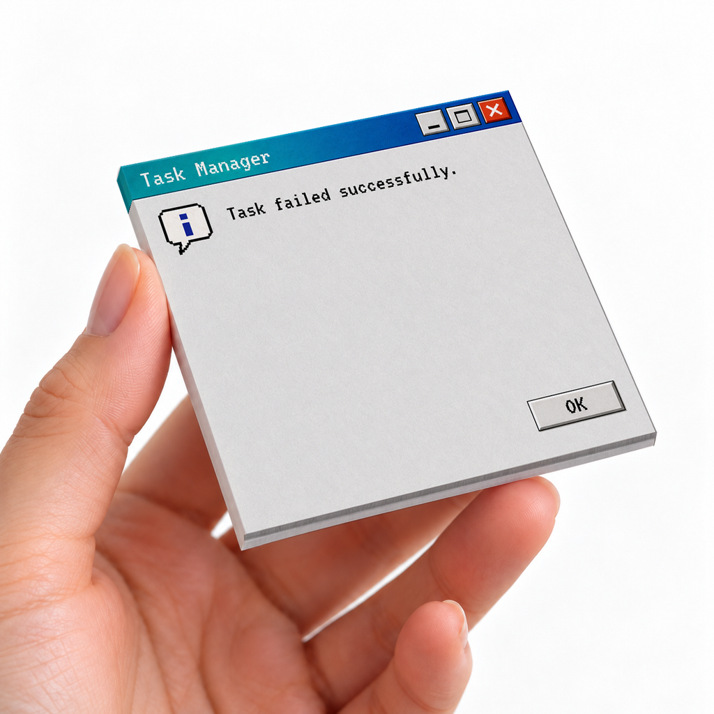 Task Failed Successfully sticky note pad on a desk with stationery