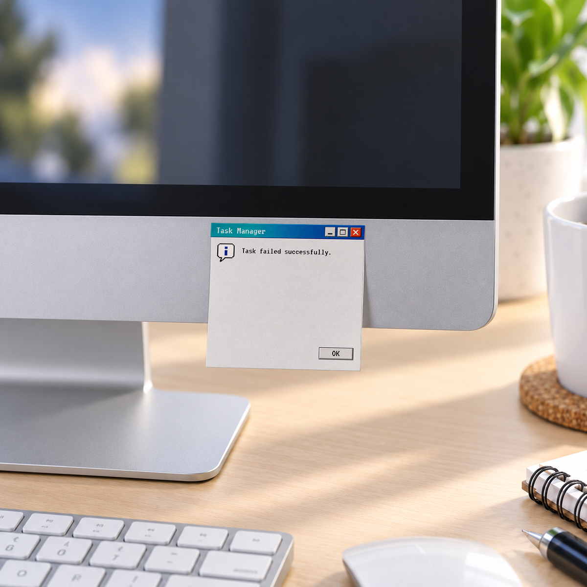 Task Failed Successfully memo pad in an office or home workspace