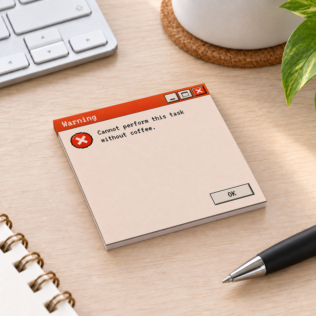 Close-up of Coffee Warning Retro sticky note design and writable area