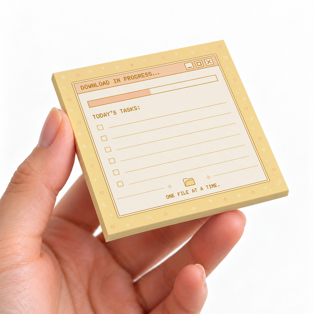 Today's Tasks Retro Window sticky note pad on a desk with stationery