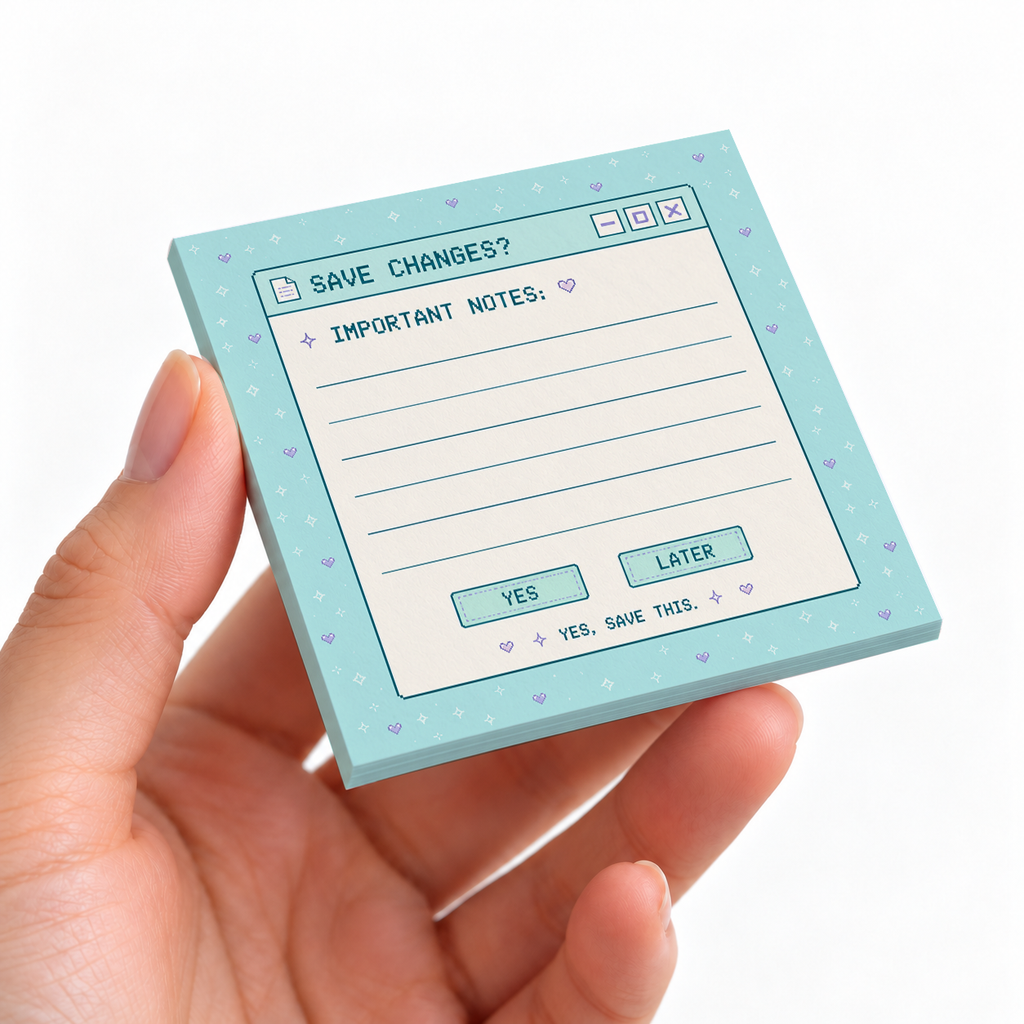 Save Changes Pixel Art sticky note pad on a desk with stationery