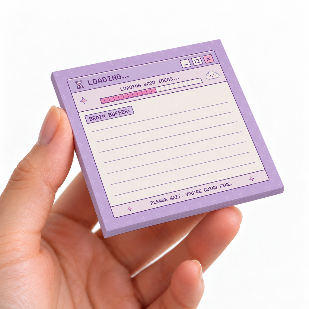 Brain Buffer Retro Window sticky note pad on a desk with stationery