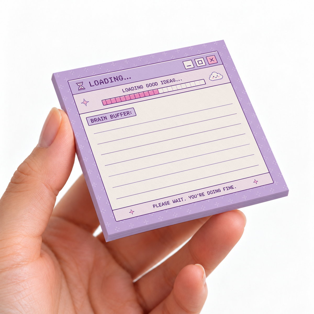 Brain Buffer Retro Window sticky note pad on a desk with stationery