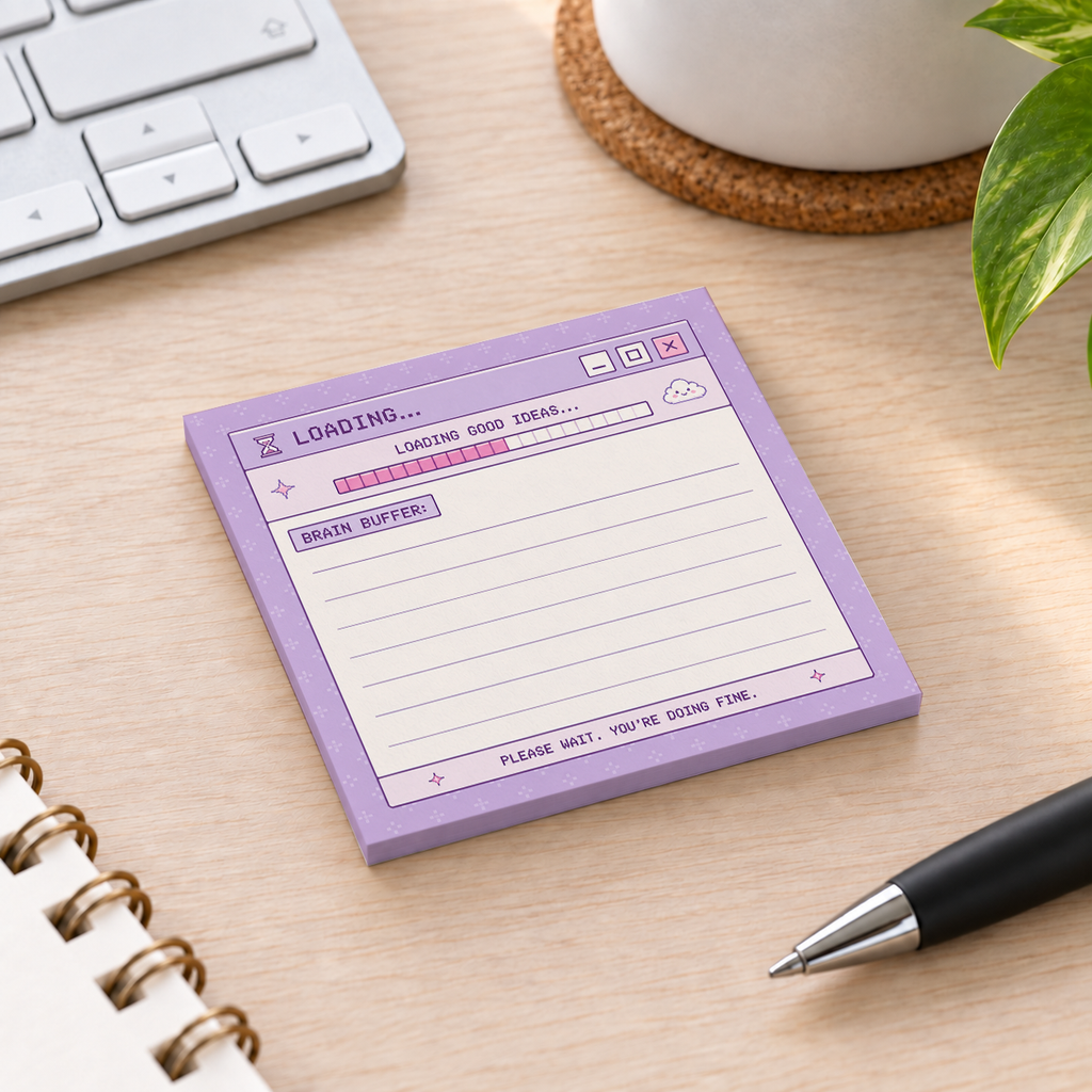 Close-up of Brain Buffer Retro Window sticky note design and writable area