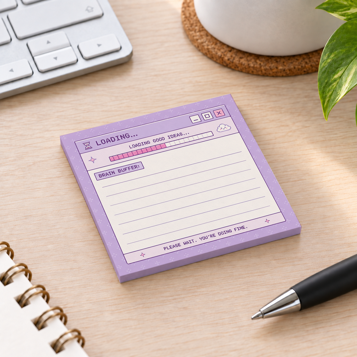 Close-up of Brain Buffer Retro Window sticky note design and writable area