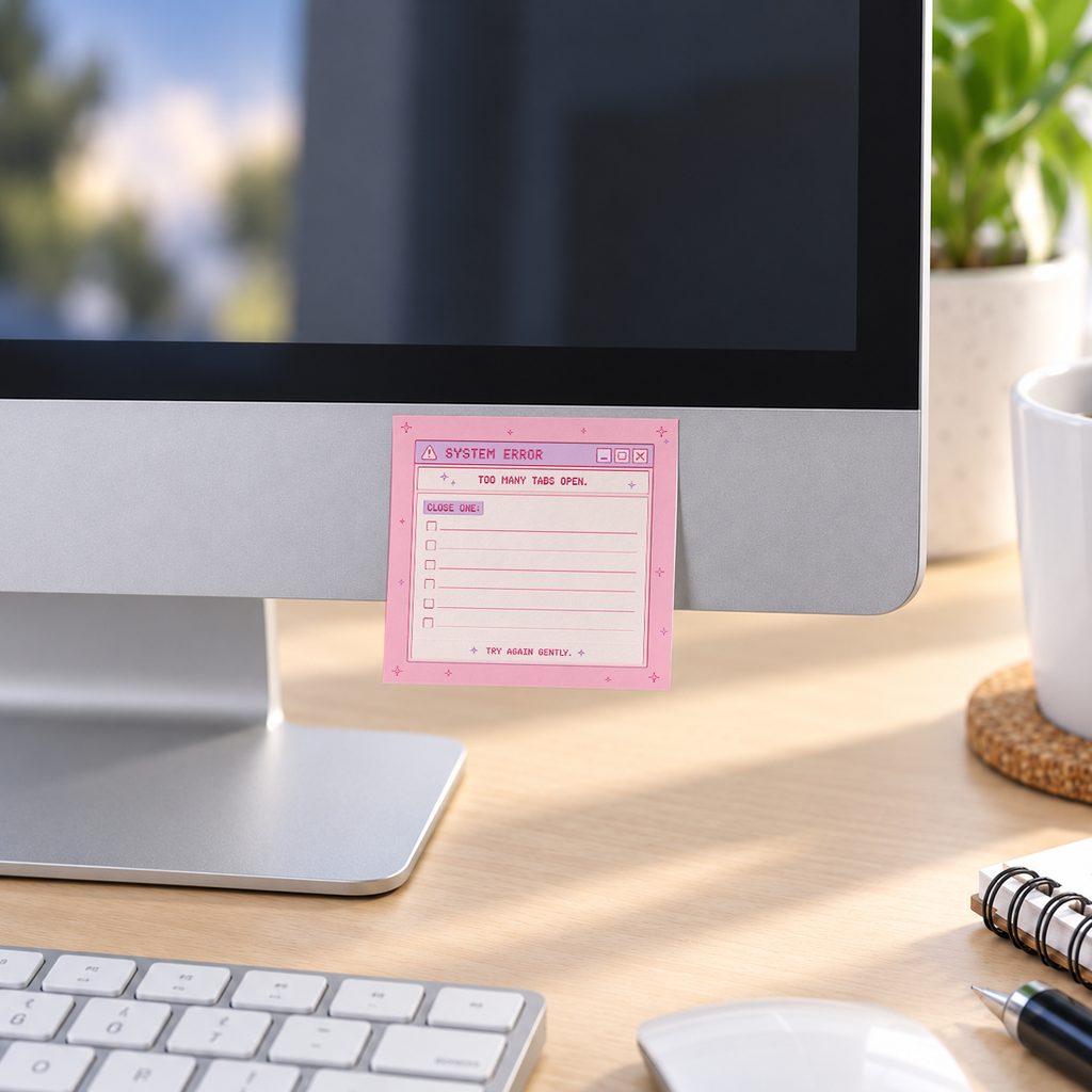 System Error Pink Retro memo pad in an office or home workspace